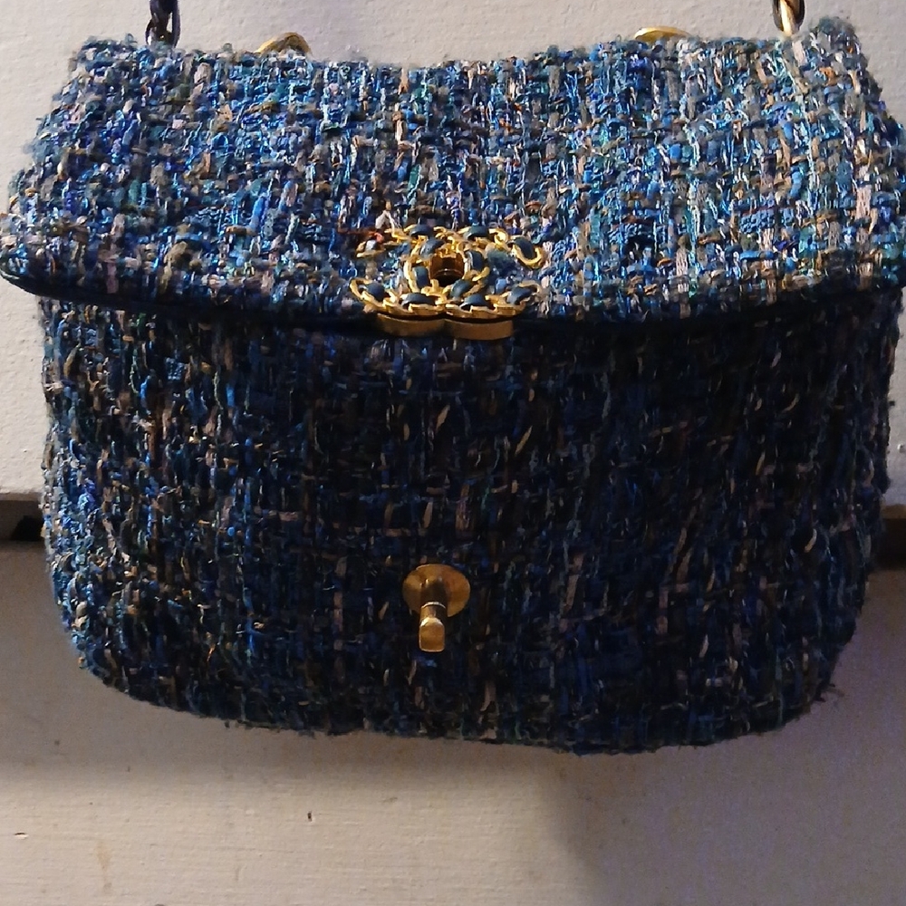 CHANEL Blue Tweed Shoulder Bag